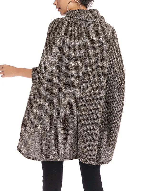 Batwing Sleeves High-Low Solid Color High Neck Knitwear Pullovers Sweater Tops