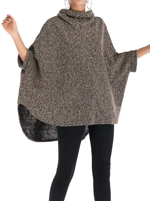 Batwing Sleeves High-Low Solid Color High Neck Knitwear Pullovers Sweater Tops
